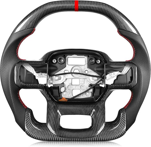 Steering Wheel for F150 Raptor 2021-2024 Real Carbon Fiber Double-D Design Red Stripe&Stitching with Heated Nappa Preforated Leather Grip Compatible with Raptor with Paddle Shifters Models