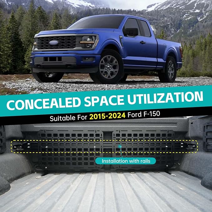 Front Truck Bed Molle Panel Rack System Compatible with 2015-2025 Ford F150 / Raptor Accessories 5.5FT Cargo Storage Organizer Tools Rack Fit for 2015-2025 F-150 Accessories (Not for 6.5FT)