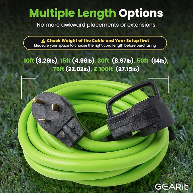 GEARit 30-Amp Extension Cord for RV and Auto, 125-Volt, 3-Prong, 10/3 STW 10AWG Gauge 3 Wire, NEMA TT-30P to TT-30R, Outdoor, Waterproof, Outdoor Camper Power Cord, 30 feet (9.1 Meters), Green