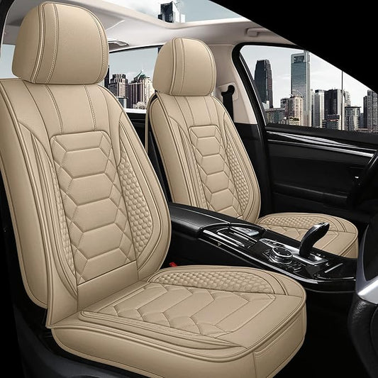 Leather Car Seat Covers Front Set, Waterproof Faux Leather Seat Covers for Cars, Non-Slip Car Interior Covers Universal Fit for Most Cars Sedans Trucks SUVs, Beige