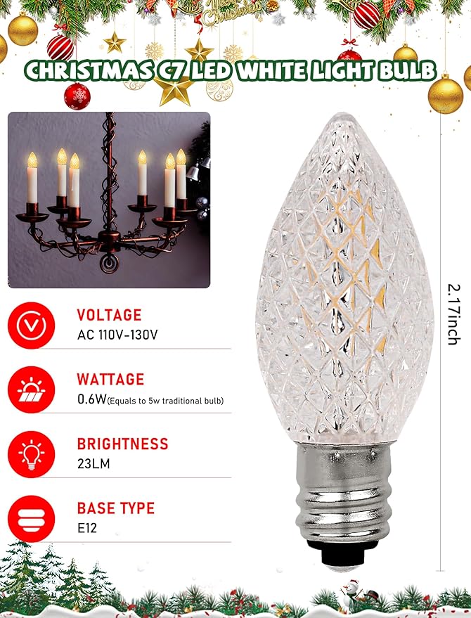 25 Pack C7 Clear LED Light Bulbs, E12 Candelabra Base Christmas Replacement Bulbs, 0.6W Shatterproof Warm White Bulbs for Outdoor Christmas String Lights, Window Candles, Chandelier, Night Light Decor