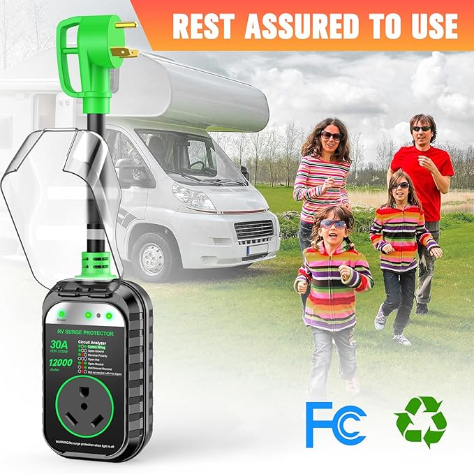 GEARGO RV Surge Protectors 30 Amp, 12000 Joules RV Circuit Analyzer, IP68 Surge Voltage Protection, RV Adapter Plug for Camper (Green)