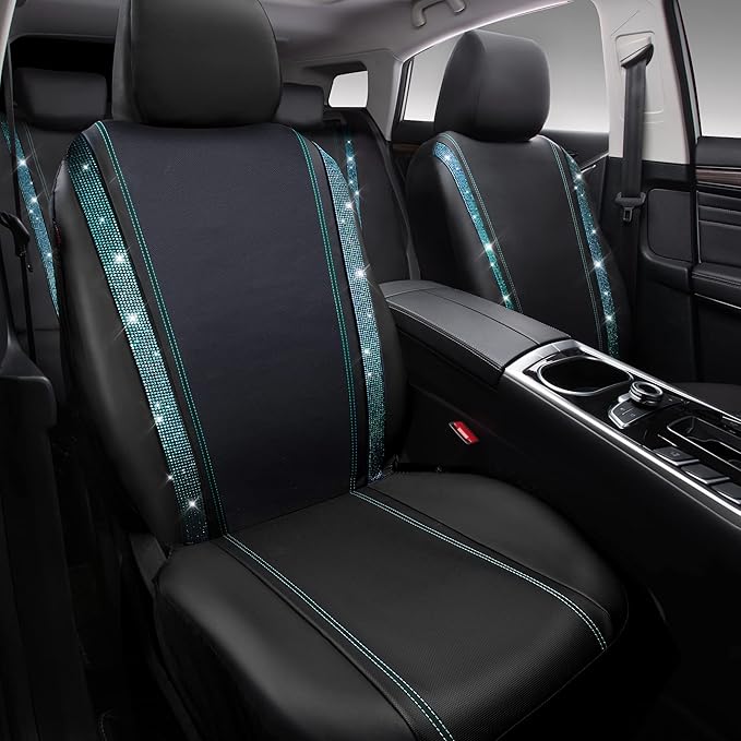 CAR PASS Bling Car Seat Covers Full Set, Shining Rhinestone Diamond Waterproof Faux Leather Universal Fit 95% Automotive Glitter Crystal Sparkle Strips for Cute Women Girl, Full Set (Mint Diamond)