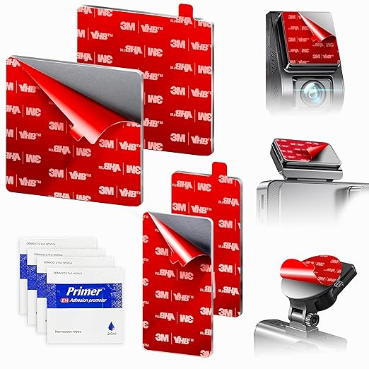 4-Pack Double-Sided Adhesive Pads for Dash Cam Mount – Made with 3M VHB, Heat-Resistant Replacement Tape – 2 Square & 2 Rectangular for Windshield and Dashboard – Includes 4 Adhesion Promoter