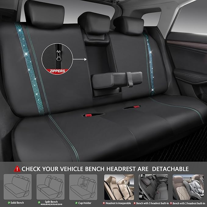 CAR PASS Bling Car Seat Covers Full Set, Shining Rhinestone Diamond Waterproof Faux Leather Universal Fit 95% Automotive Glitter Crystal Sparkle Strips for Cute Women Girl, Full Set (Mint Diamond)