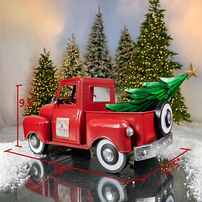 Zaer Ltd. Metal 18.5" Long Multi-Seasonal Christmas and Harvest Pickup Truck with Metal Tree, Pumpkins, and Matching Side-Magnet Sets (Antique Red)