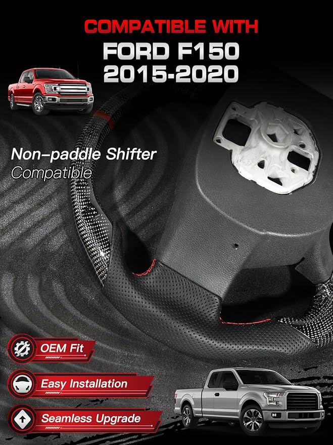 Carbon Fiber Heated Steering Wheel for Ford F-150 2015–2020, Includes Decorative Trim Piece, D-Shaped Flat-Bottom, Hand-Stitched Nappa Grip, for F-150 Models Without Paddle Shifters