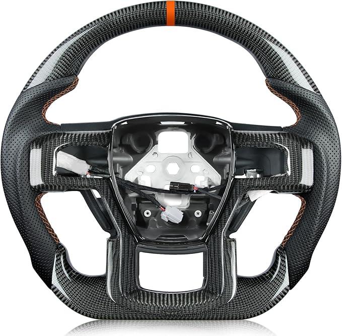 Steering Wheel for F150 Raptor 2017-2020 Real Carbon Fiber with Decorative Trim Piece with Heated Orange Stripe&Stitching Black Nappa Leather D-shaped for Raptor with Paddle Shifters Models