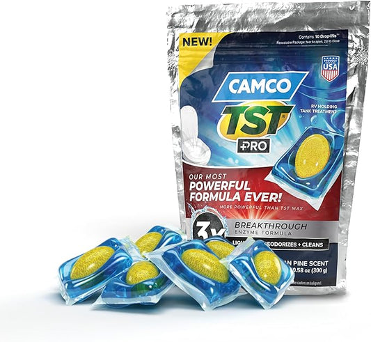 Camco TST PRO RV Toilet Treatment Drop-INs - New & Innovative Bio-Enzymatic Formula for Rapid RV Sewer Break Down - RV Black Tank Treatment - Fresh Pine Scent - Septic-Safe, 10-Pack (41770)