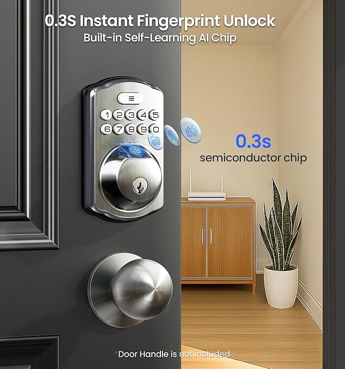 Veise VE012W Built-in WiFi Fingerprint Smart Lock, App Remote Control, No Hub Needed, Keyless Entry, Front Door Smart Deadbolt, Digital Keypad, Auto Lock, IP55 Waterproof, BHMA Grade 3, Satin Nickel