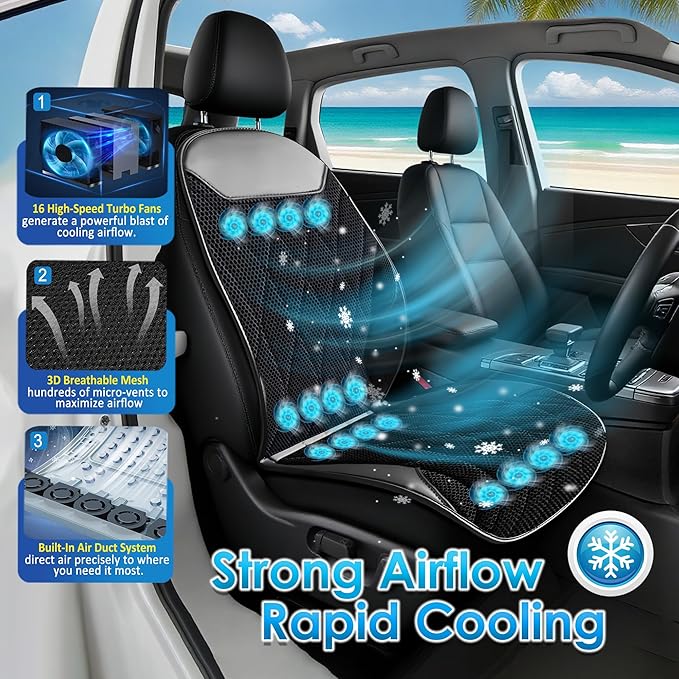 3-in-1 Cooling Car Seat Cushion with Massage & Temperature Control, 16 Fans Ventilated Seat Cooler, 12V Front Seat Summer Cooling Seat Cover for Car SUV Truck (Gray)