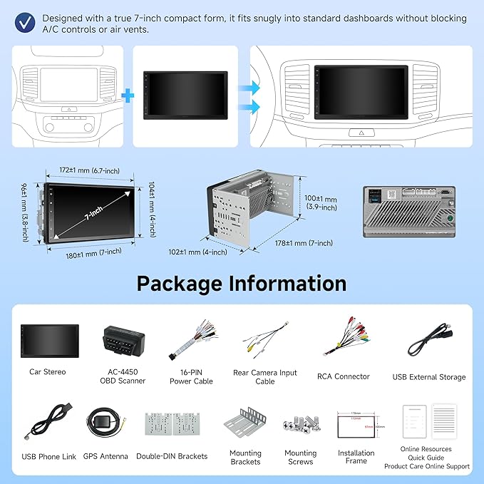 A5L Android Double Din Car Stereo Wireless CarPlay Android Auto, 7 Inch Touchscreen Car Radio with OBD2, Wi-Fi/Bluetooth/USB, 24B EQ&DSP, 4 * 45W Amp, 2G+32G