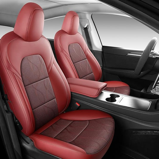 Tesla Model Y Seat Cover Full Set, Faux Leather Tesla Car Seat Cover, Perfect Suitable for Tesla Model Y 2020 2021 2022 2023 2024 2025 (Wine Red)