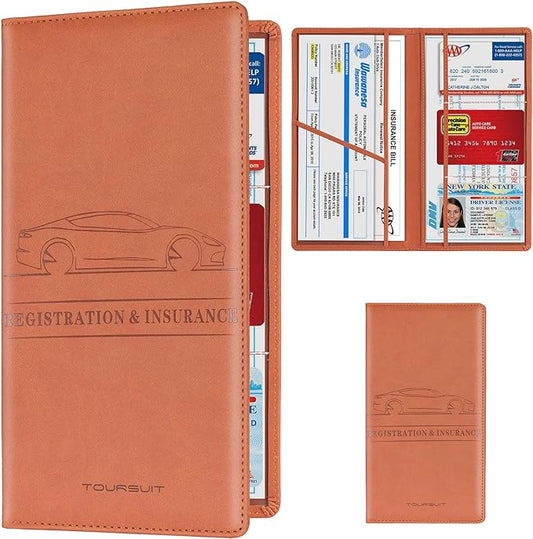 TOURSUIT Car Registration and Insurance Card Holder, Vehicle License Document Glove Box Compartment Organizer, Interior Car Accessories for Women Men Teens (Brown)