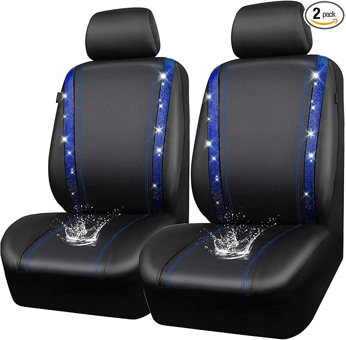 CAR PASS Leather Diamond Bling Car Seat Covers 2 Front Interior Sets, Waterproof Universal Shining Glitter Crystal Sparkle Fit for 95% Automotive Truck SUV Cute Women Girl, Black Blue Rhinestone
