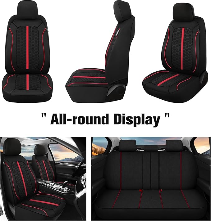 Breathable Premium Car Seat Covers Full Set，3D Air-Mesh Seat Covers for Cars，Comfortable Safety Airbag Compatible，Universal for Most Cars Sedan Truck SUV(Black/Red)