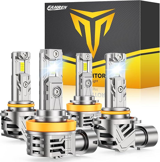 FAHREN Upgraded H11/H9/H8 9005/HB3 Light Bulbs Combo, 𝟔𝟎𝟎𝟎𝟎𝐋𝐌 𝟗𝟎𝟎％ Brighter 6500K with Cooling Fan H11 9005 Bulbs, 1:1 Mini Size H9 H8 HB3 Lights Kit, CANBUS Ready Plug And Play,Pack Of 4