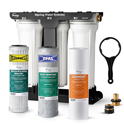 iSpring 3-Stage RV Water Filter System, Removes Over 99% PFAS, Bacteria and Viruses, Reduces Chlorine, Lead, Odor, and Sediment, Leak-Free Brass Fittings, External Mounting Bracket, Model: CW31-PFBV