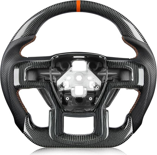 Carbon Fiber Steering Wheel for Ford F-150 2015–2020, D-Shaped Flat-Bottom, Black Nappa Leather with Orange Stripe & Stitching, for F-150 Models Without Paddle Shifter Models