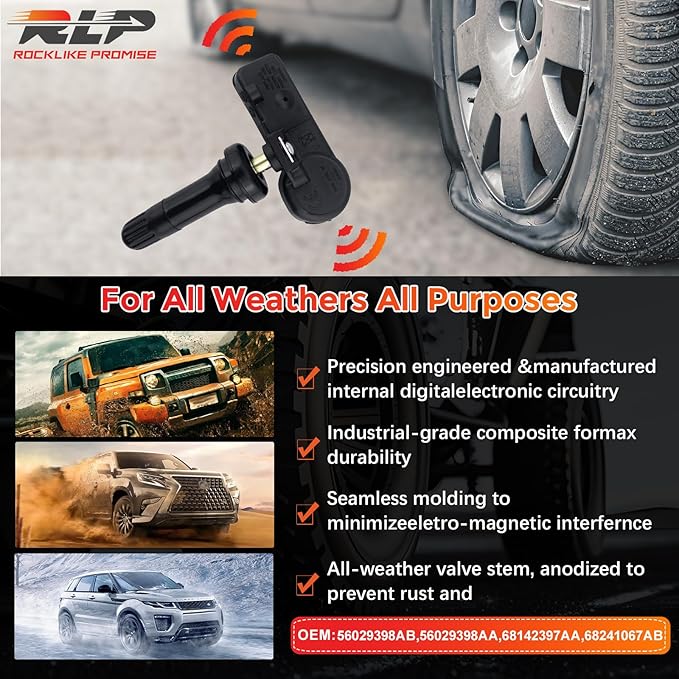 Set of 4 TPMS Tire Pressure Monitoring System Sensor 433MHz Compatible with Jeep Wrangler JK Dodge Ram Charger Replacement for 56029398AB 68142397AA 68241067AA 68241067AB