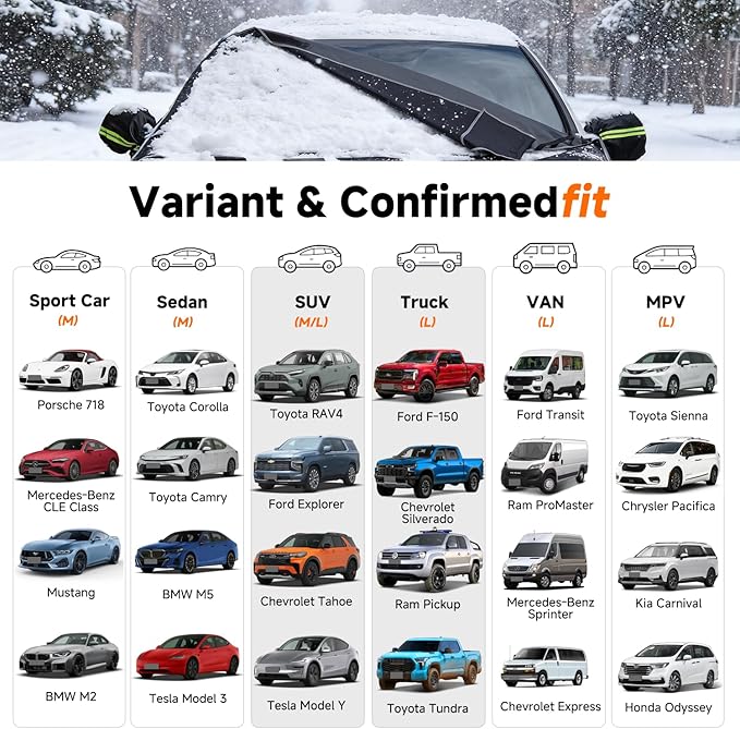 [Upgraded] 7-Layer Car Windshield Snow Cover, [Efficient Winter Protection] Against Snow, Ice, Frost and Water, [Military-Grade Durable] Universal Fit for Cars, SUVs, and Trucks-Medium
