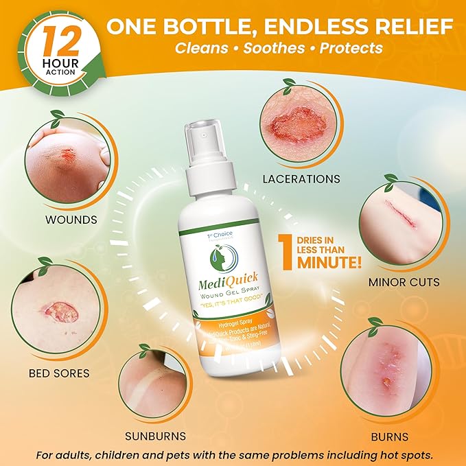 MediQuick Skin & Wound Repair First Aid Spray Gel 4 Fl Oz - Antiseptic Spray for Burns & Cuts with 12 Hour Action - Helps Heal Acne Rash Eczema Itch Bites & More - Safe Wound Wash with No Sting