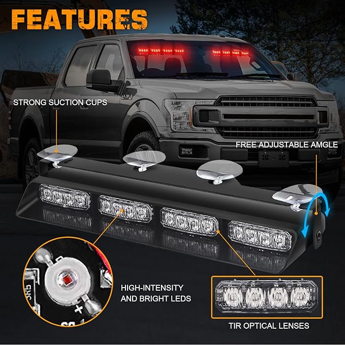 XRIDONSEN Emergency Dash Strobe Lights Safety Flashing Warning Hazard Interior Front/Rear Windshield Deck Split Lights w/Suction Cups for Volunteer Firefighter Police Vehicles Trucks (2x14 inch, Red)