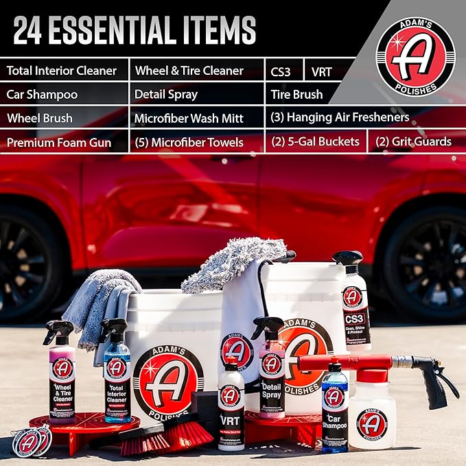 Adam's Essential Car Wash Kit (24-Item) - Auto Detailing Car Care Cleaning Kit with Foam Gun & Bucket Car & Truck Lovers, Dads, Moms and DIYers