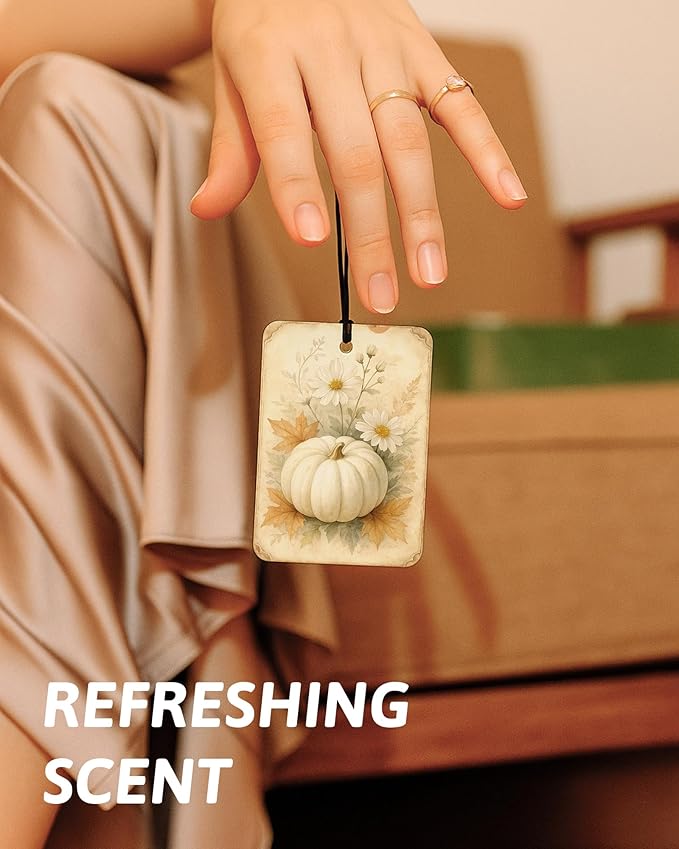 Vintage Fall Pumpkin Car Air Freshener 4 Pcs, Rustic Farmhouse White Pumpkins Flower Hanging Air Freshener for Cars Closet Drawer Books, Retro Fall Car Accessories Mirror Decor for Women