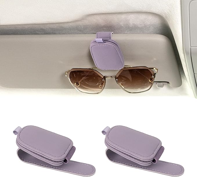 Yuoyar Sunglass Holder for Car, Magnetic Leather Sunglasses Holder and Ticket Card Clip, Car Visor Accessories, 2 Packs (Purple)
