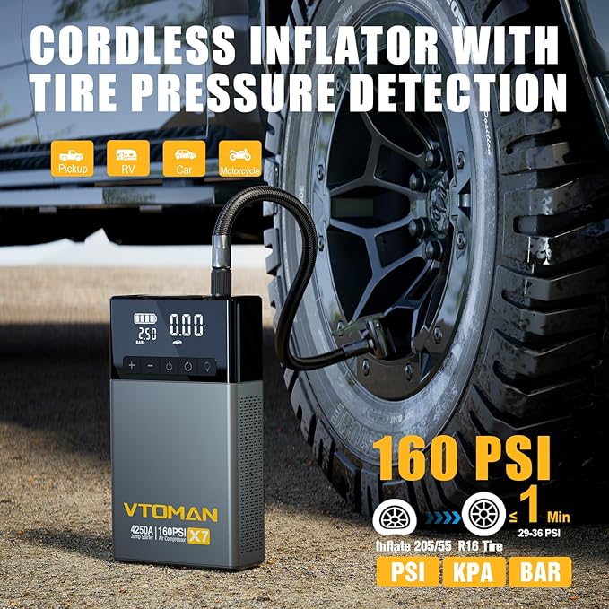 VTOMAN X7 Jump Starter with Air Compressor, 4250A&160PSI Pickup Trucks & Suvs Battery Car Jumper Starter Portable(10L Gas/10L Diesel) with Auto-Shutoff Tire Inflator, 12V Lithium Booster Box, QC3.0