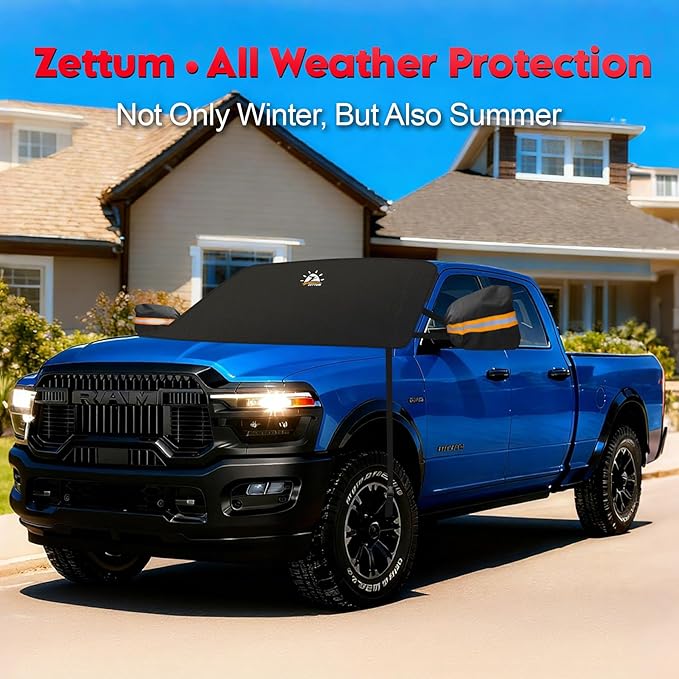 Zettum Truck Windshield Cover for Ice and Snow - 600D Large Windshield Snow Cover for Pickup Truck Heavy Duty, Winter Car Windshield Covers for Ford F150, Silverado, GMC Sierra, Ram, Van, and More
