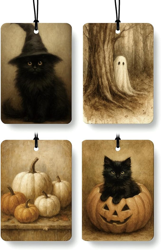 Vintage Fall Halloween Car Air Freshener 4 Pcs, Witchy Moody Black Cat Ghost Pumpkins Hanging Air Freshener for Cars Closet Drawer Books, Halloween Car Accessories Mirror Decor for Women