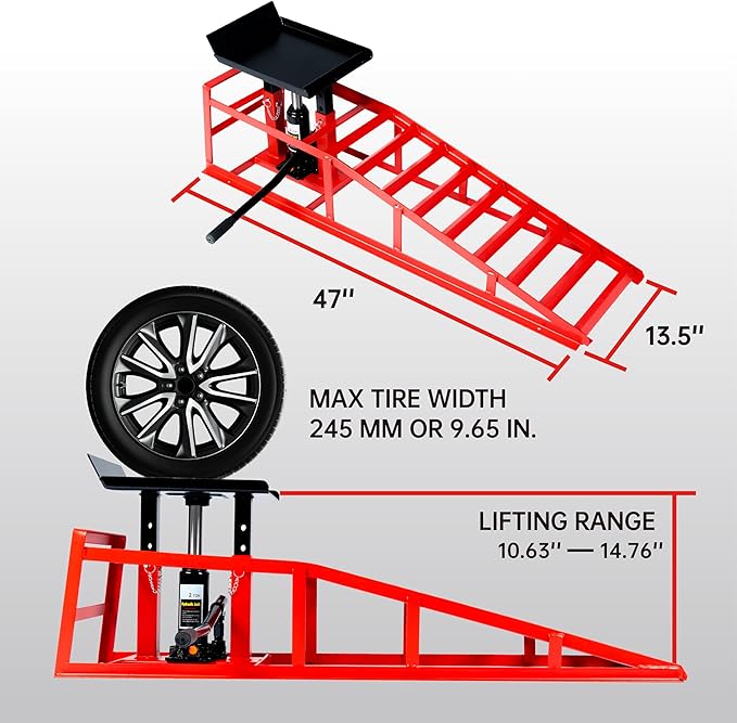5 Ton (11000 lbs) Capacity Hydraulic Low Profile Car Ramps with Pin Lock, 10.6 to 14.7 Inch Lift Range, for Auto & Home Garage Maintenance, Oil Changes