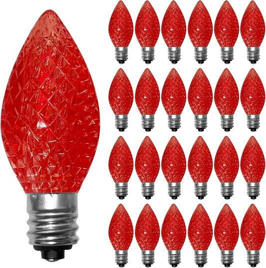 25 Pack C7 LED Replacement Light Bulbs, Shatterproof Christmas C7 LED Red Lights Bulbs for Outdoor String Lights Patio Party Window Candles Chandelier Decor, E12/C7 Candelabra Base, 2700K Warm White