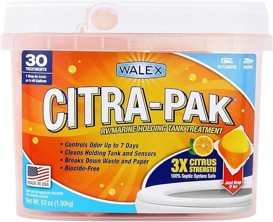 Walex Citra-Pak RV/Marine Holding Tank Deodorizer Drop-Ins - Waste Breakdown & Odor Control, Cleans Holding Tank & Sensors, Biocide-Free, Treatment for RVs, Boats, & Portable Toilets - Citrus, 30 Pack