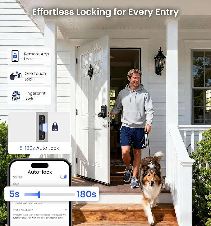 Veise VE028 Built-in Wi-Fi Smart Lock with Knob, Fingerprint Keyless Entry with Handle, App Remote & Voice Control, Electronic Digital Keypad for Front Door and Bedroom, IP65 Waterproof, Matte Black