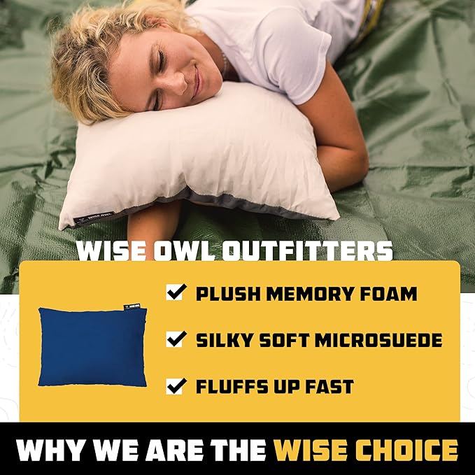 Wise Owl Outfitters Camping Pillow – Memory Foam Travel Pillow for Airplane Sleeping, Hiking, Backpacking & Outdoor Use - Small & Portable for Adults, Car, Camp & Tent