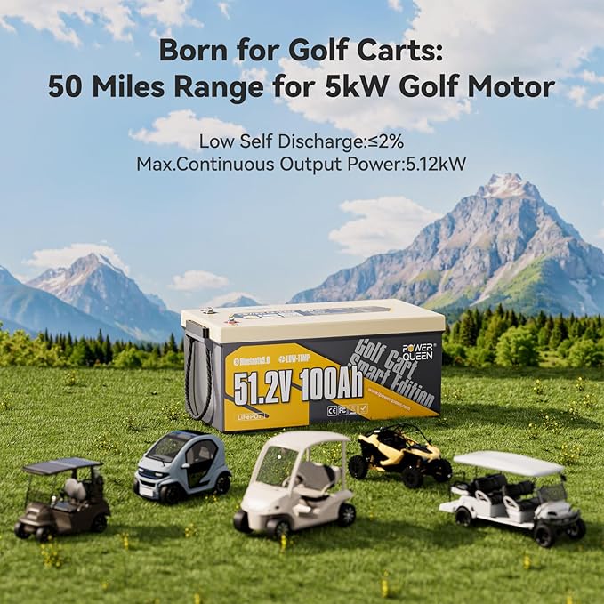 Power Queen LiFePO4 Battery 48V 100Ah Lithium Golf Cart Battery, Lithium Battery with Bluetooth 5.0, Built-in 200A Smart BMS with Low-temp Protection for 5kW Motor Golf Carts Club Car DS E-Z-Go TXT