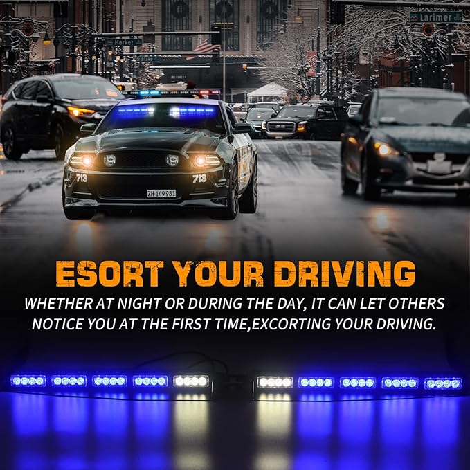 XRIDONSEN Blue Emergency Visor Lights Bar Interior Windshield Strobe Lights 40 LED Warning Safety Flashing w/White Take Down Deck Split Mount for firefighter Police Vehicles Trucks (2x17 inch)