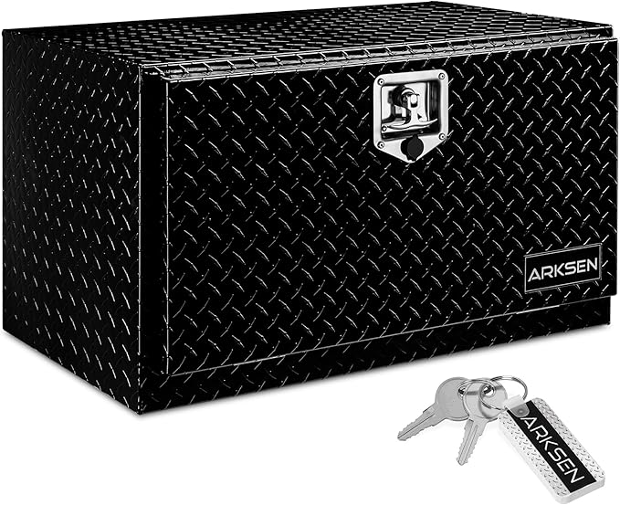 ARKSEN 30 Inch Heavy Duty Aluminum Diamond Plate Tool Underbody Box, Waterproof Square Truck Storage Organizer Chest for Pick Up Truck Bed, RV Trailer with T-Handle Lock and Keys - Black
