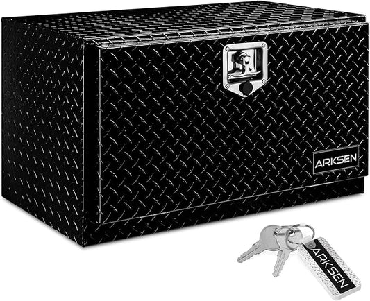 ARKSEN 30 Inch Heavy Duty Aluminum Diamond Plate Tool Underbody Box, Waterproof Square Truck Storage Organizer Chest for Pick Up Truck Bed, RV Trailer with T-Handle Lock and Keys - Black