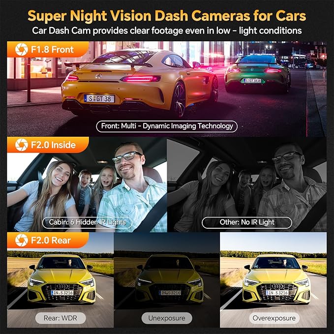 Dash Cam Front Rear and Inside, 3 Channel Dual Dash Camera for Cars WiFi 2.5K Dashcams for Car W/ 64GB Card,1440P Dashcam Front+1080P Inside Car Camera+1080P Rear Car Dash Cam,G-Sensor,IR Night Vision