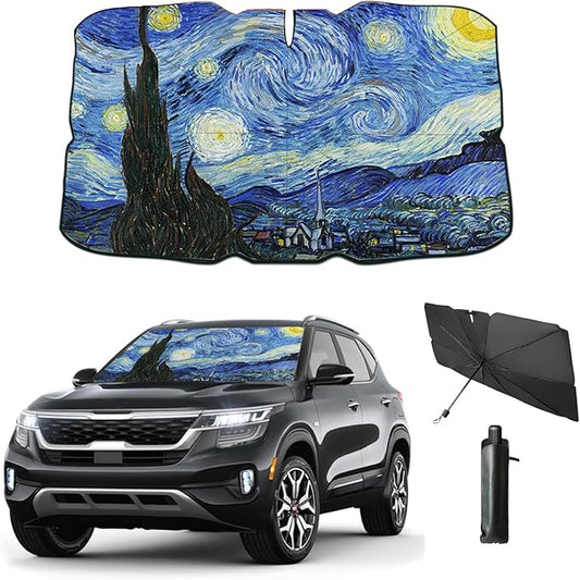 Windshield Sun Shade Van Gogh Starry Sky Umbrella for Car Front Window Sun Visor 2025 Car Summer Accessories 100% Blackout Protect Interior from Sun UV Rays & Heat 57"*31"(Starry Sky)