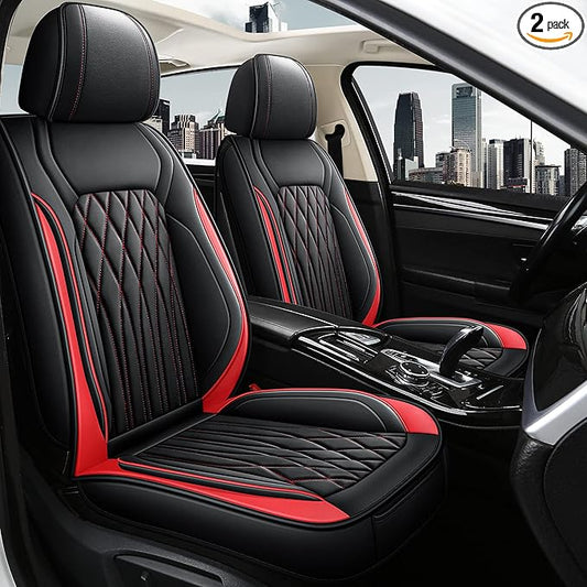Pariitadin Leather Car Seat Covers Full Pair, Waterproof Faux Leather Seat Covers for Cars, Non-Slip Car Interior Covers Universal Fit for Most Cars Sedans Trucks SUVs, Black/Red Line