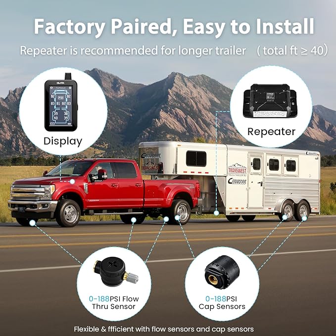 GUTA Tire Pressure Monitoring System, Full-Color Touchscreen RV TPMS with 2 Flow Thru & 8 Cap Sensors, 6 Alert Modes, Signal Booster, Tire Pressure Monitor for Trailer, Camper, 5th Wheel (0-188PSI)