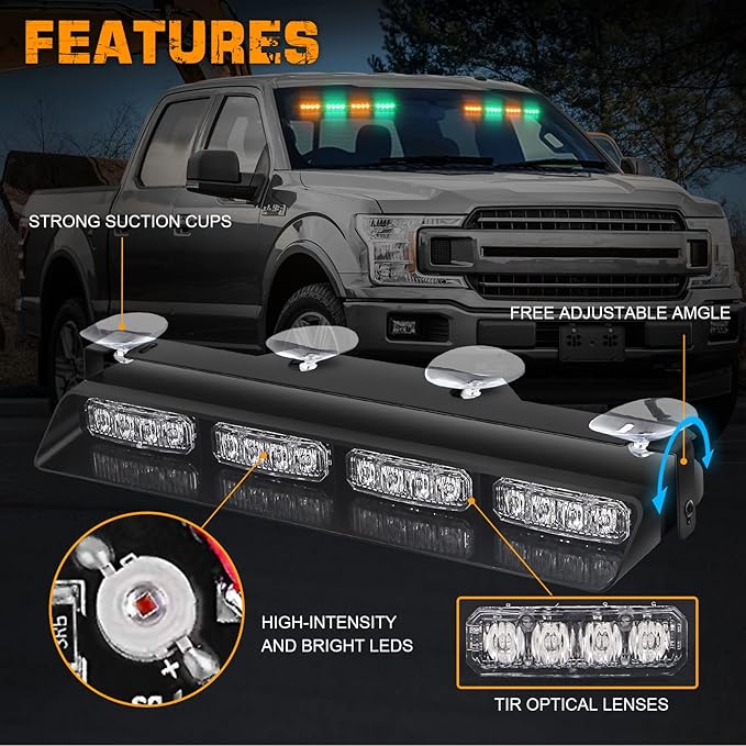 XRIDONSEN Amber Green Emergency Dash Strobe Lights Safety Flashing Warning Hazard Interior Front/Rear Windshield Deck Split Light Bar w/Digital Display Controller for Construction Vehicles Trucks
