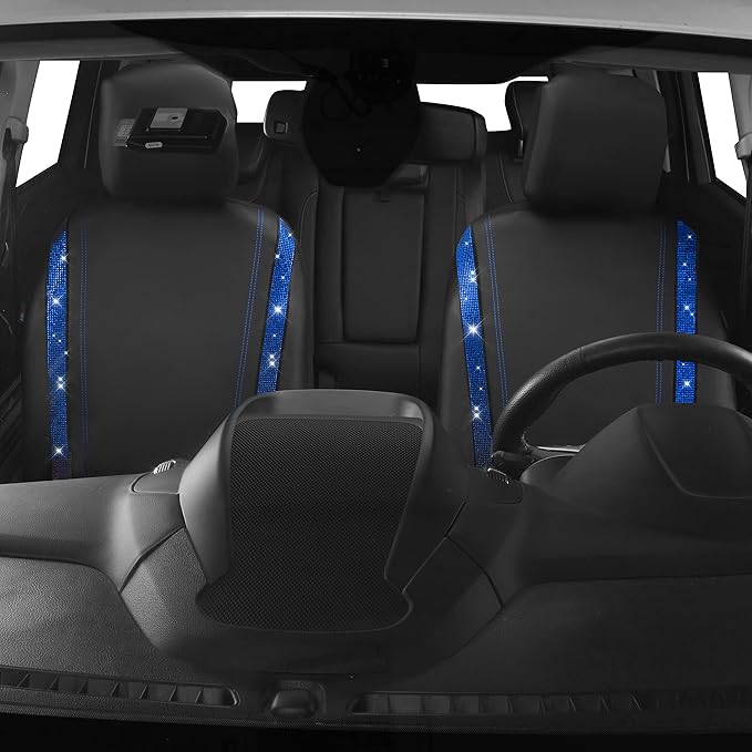 CAR PASS Leather Diamond Bling Car Seat Covers 2 Front Interior Sets, Waterproof Universal Shining Glitter Crystal Sparkle Fit for 95% Automotive Truck SUV Cute Women Girl, Black Blue Rhinestone