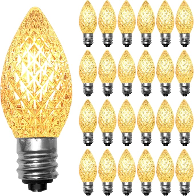 25 Pack C7 Clear LED Light Bulbs, E12 Candelabra Base Christmas Replacement Bulbs, 0.6W Shatterproof Warm White Bulbs for Outdoor Christmas String Lights, Window Candles, Chandelier, Night Light Decor