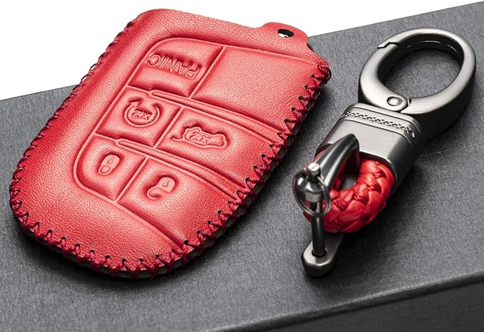 Vitodeco Genuine Leather Smart Key Keyless Remote Entry Fob Case Cover Compatible for Jeep, Dodge, Chrysler (2014 - 2022 Models) - 3 to 5 Buttons, Red